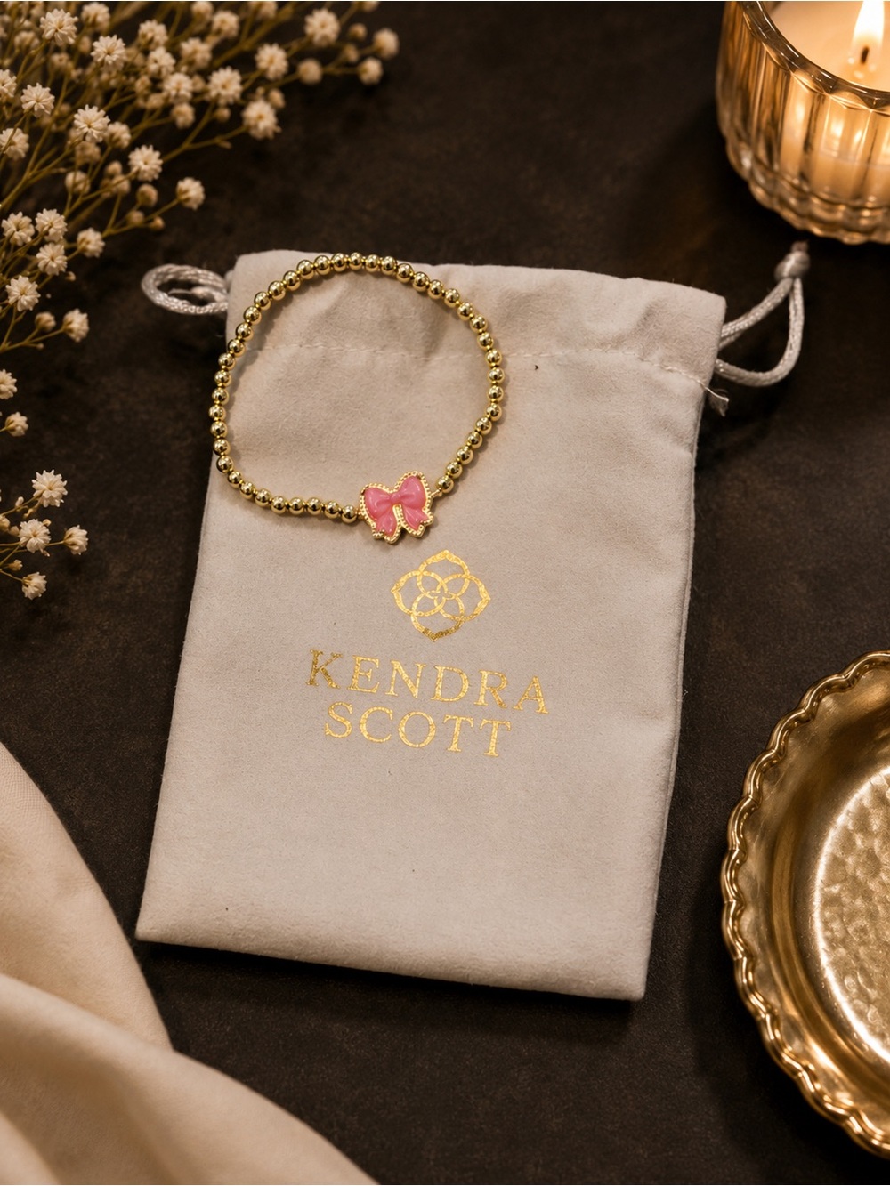 Kendra Scott Gold Beaded Stretch Bracelet with Pink Butterfly Charm